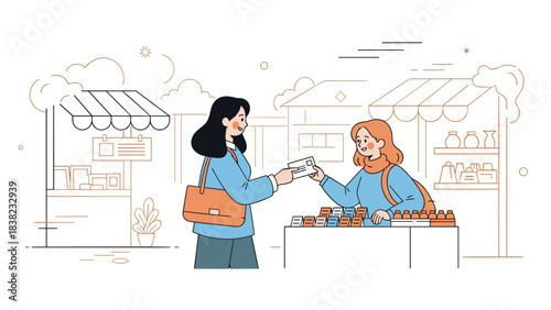 Asian female customer buying from asian female vendor at outdoor market stall