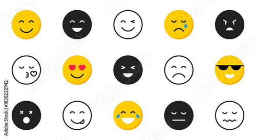 Emoticons icon set. Emoji flat, glyph and line icons. Smile icons cartoon. Stickers emoticon. Vector flat icons for social media.