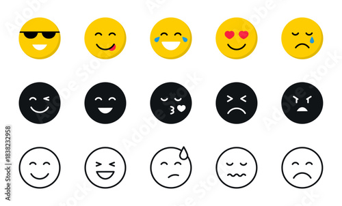 Emoticons icon set. Emoji flat, glyph and line icons. Smile icons cartoon. Stickers emoticon. Vector flat icons for social media.