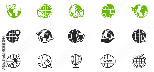 Globe earth icon. World flat, glyph and line icons. Web and homepage icons. Globes with world maps. www symbol. Vector illustration.