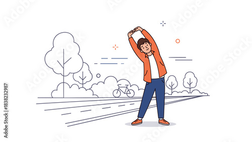 Young caucasian male stretching in park illustration with abstract background