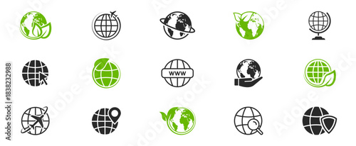 Globe earth icon. World flat, glyph and line icons. Web and homepage icons. Globes with world maps. www symbol. Vector illustration.