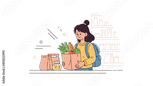 Asian young female carrying grocery bag with vegetables in store aisle