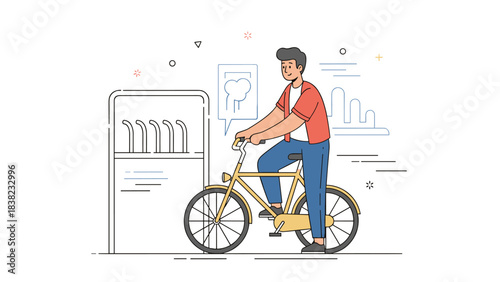 Hispanic young male riding bicycle near parking station