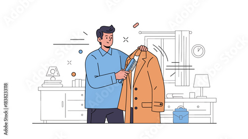 Young caucasian male combing coat in bedroom with desk and window background