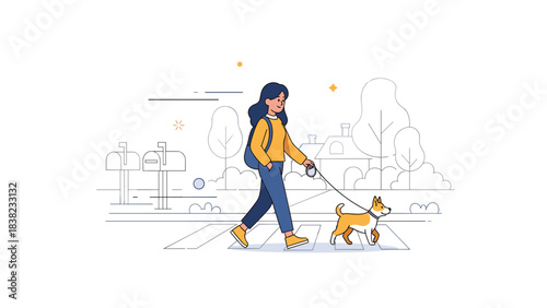 Female walking dog in urban park - young hispanic woman with pet dog strolling outdoor