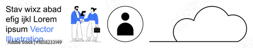 Business teamwork, user identification, cloud storage, digital services, innovative solutions, online collaboration. Two professionals shaking hands, profile icon and a cloud. Business teamwork