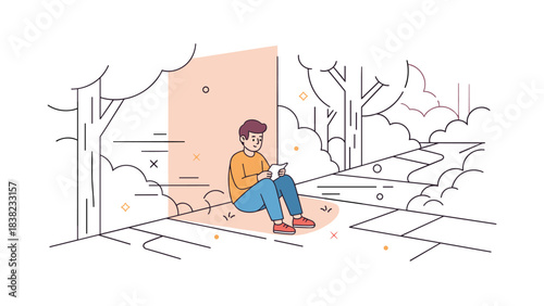 Young caucasian male sitting outdoors browsing smartphone in park