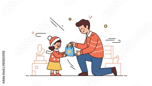 Caucasian father and daughter gift exchange at home during holiday season