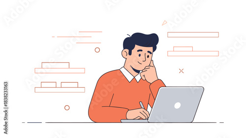 Young adult male working on laptop - thoughtful and creative workspace illustration