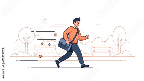 Young caucasian male walking in park with bag amidst trees and benches