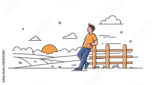 Male enjoying scenic sunset by the fence in countryside