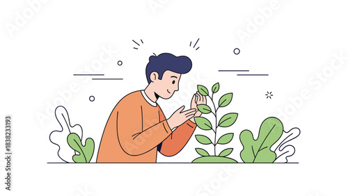 Young male caring for plants with joy and curiosity