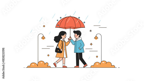 Young caucasian couple sharing red umbrella in rainy park