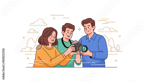 Young adults enjoy photography outdoors in casual attire