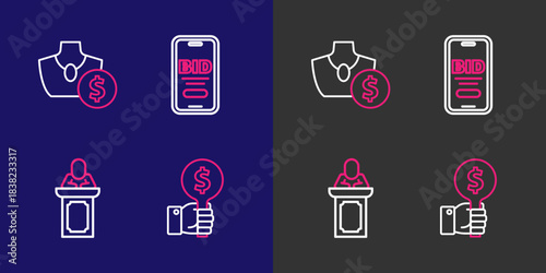 Set line Hand holding auction paddle, Auction auctioneer sells, Online and jewelry sale icon. Vector