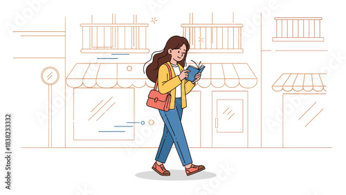 Young caucasian female reading a book while walking in urban setting