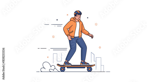 Young caucasian male skateboarding in urban setting with orange jacket and helmet