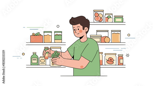 Young caucasian male organizing pantry with jars and containers in a kitchen setting