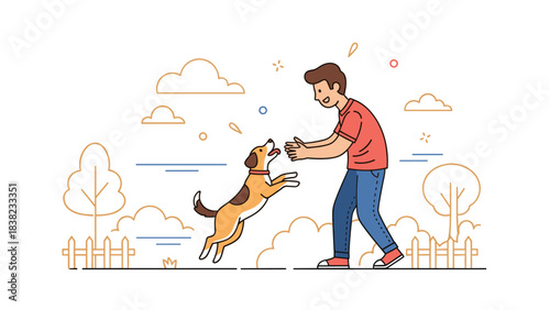 Young caucasian male playing with dog in park illustration