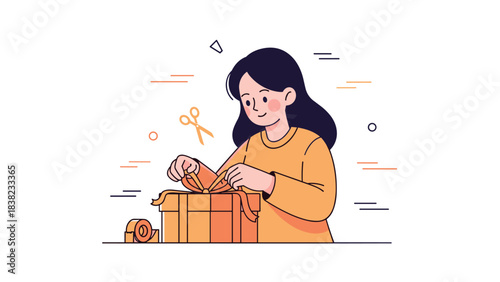 Young asian female wrapping gift with orange ribbon, smiling cheerfully