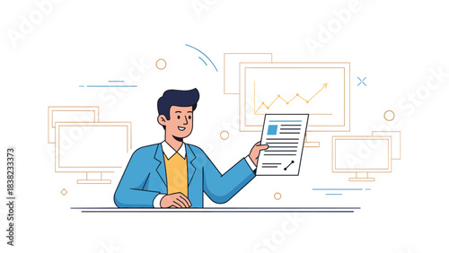 Young caucasian male presenting business data in office setting