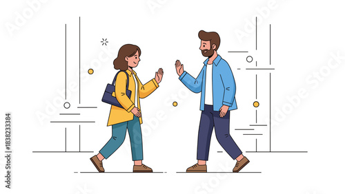 Young caucasian adults high-fiving: friendly interaction and casual reunion