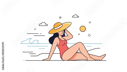 Relaxed young caucasian female on beach with sun hat and swimsuit in minimalist illustration