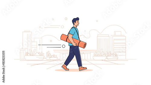 Young asian male carrying yoga mat in urban setting