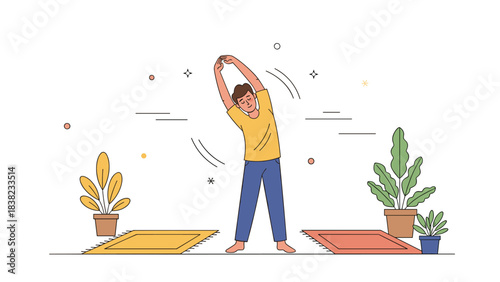 Young hispanic male stretching at home with indoor plants and yoga mats