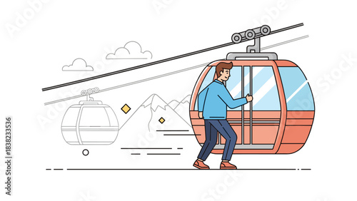 Caucasian male adult boarding ski gondola in mountainous landscape