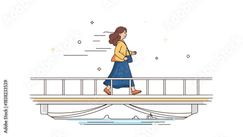 Caucasian female walking on bridge in casual outfit