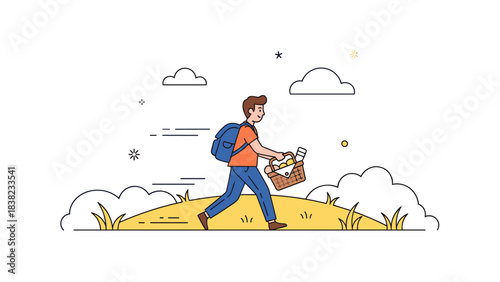 Male cartoon character walking with picnic basket through scenic outdoor landscape