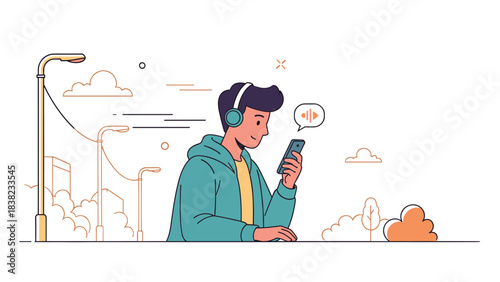 Young hispanic male listening to music on smartphone outdoors in urban setting