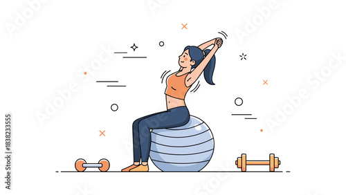 Young asian female exercising with fitness ball and dumbbells