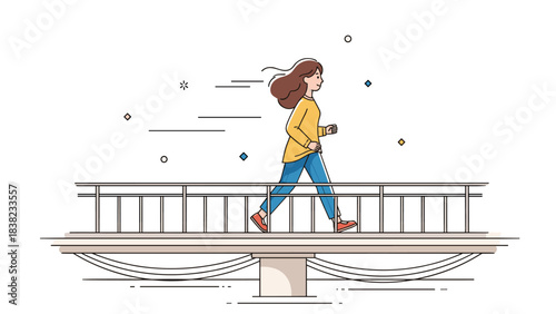 Cartoon woman walking on bridge in casual outfit with flowing hair