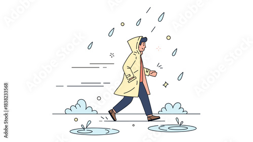 Young male walking in the rain with a yellow raincoat