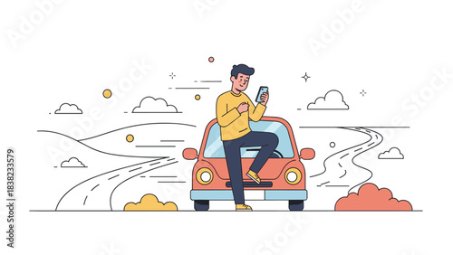 Young caucasian male sitting on car hood using smartphone outdoors
