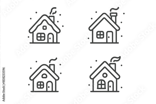 Four simple outline icons of winter houses with smoke from chimneys