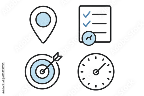 Business planning icons for location target checklist and time management concepts