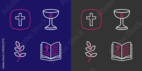 Set line Holy bible book, Willow leaf, Christian chalice and cross icon. Vector