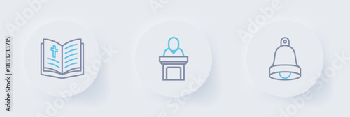 Set line Church bell, pastor preaching and Holy bible book icon. Vector