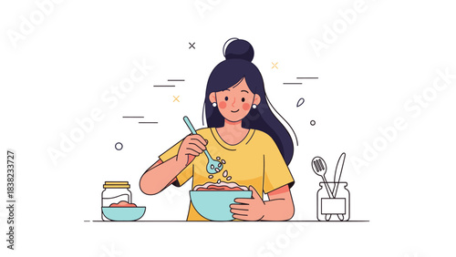 Asian female child baking cookies in the kitchen with blue bowl and spoon