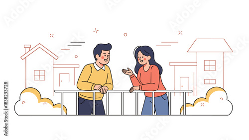 Cartoon illustration of young adult caucasian neighbors chatting outdoors