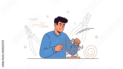 Young caucasian male crafting wire sculpture with pliers in artistic studio