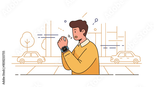 Young male checking smartwatch alerts on city street