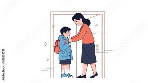 Caucasian female adult helping male child prepare for school at doorway