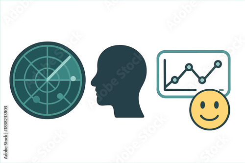 Radar detection human profile and positive feedback chart icons