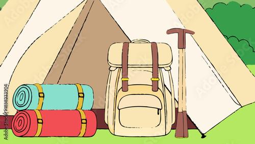 A stylish canvas backpack next to colorful rolled sleeping bags and a hiking pole at a cozy campsite.