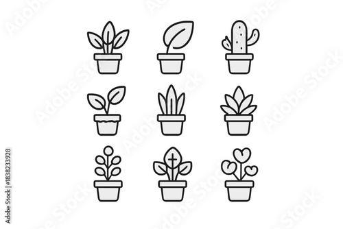 Nine potted houseplant and succulent outline icons set